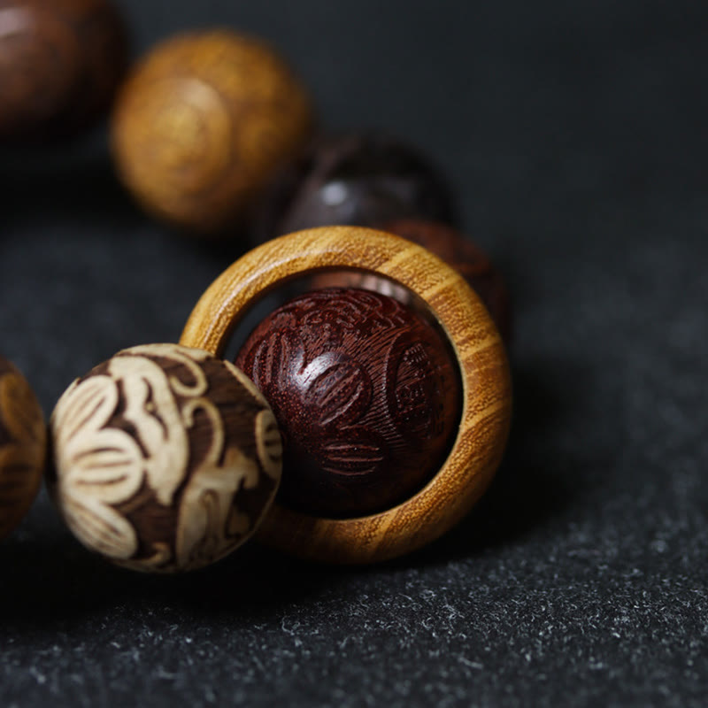 KarmaRipple's Carving Sandalwood Chinese Zodiac Auspicious Dragon Phoenix Fu Character Balancing Bracelet p26