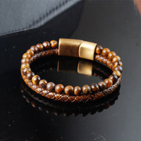 KarmaRipples mehrlagiges Armband aus gewebtem Tigerauge-Stein, Perlenstickerei, Leder und Titanstahl mit robuster Schnalle