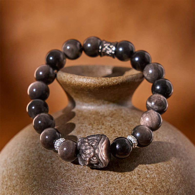 KarmaRipple's Authentic Silver Sheen Obsidian Lion Dance Protection Bracelet p2