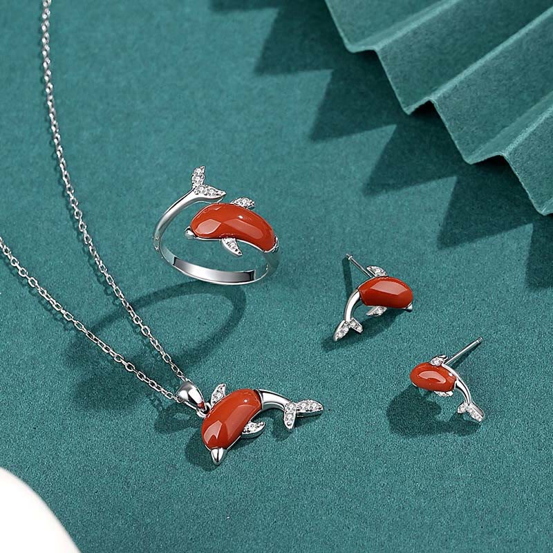 KarmaRipple's 925 Sterling Silver Cute Dolphin Hetian Jade Red Agate Fortune Pendant Necklace Ring Earrings Set p2