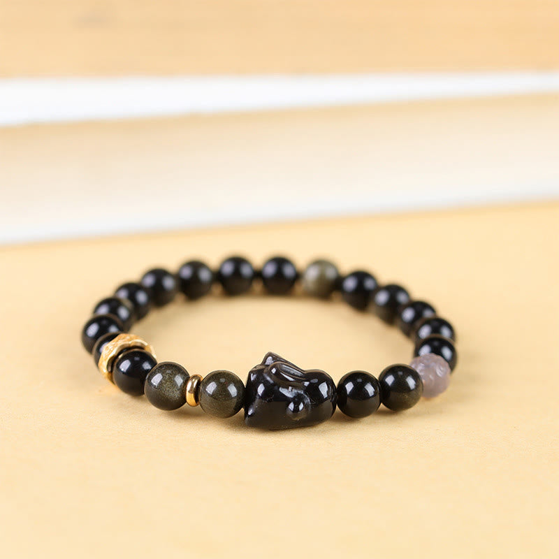 KarmaRipple's Gold Sheen Obsidian Black Obsidian Silver Sheen Obsidian Cute Rabbit Protection Bracelet p15