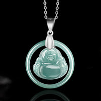 KarmaRipple's Halskette mit Anhänger aus 925er Sterlingsilber mit authentischer Jade und rundem lachendem Buddha