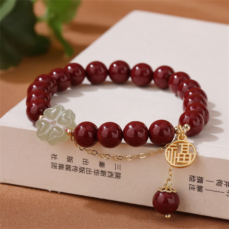 KarmaRipple's Cinnabar Fu Character Hetian Jade Fortunate Four Leaf Clover Blessing Bracelet p13