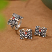 KarmaRipples 925 Sterling Silber Roter Achat Schmetterling Selbstakzeptanz Ring Ohrringe Set