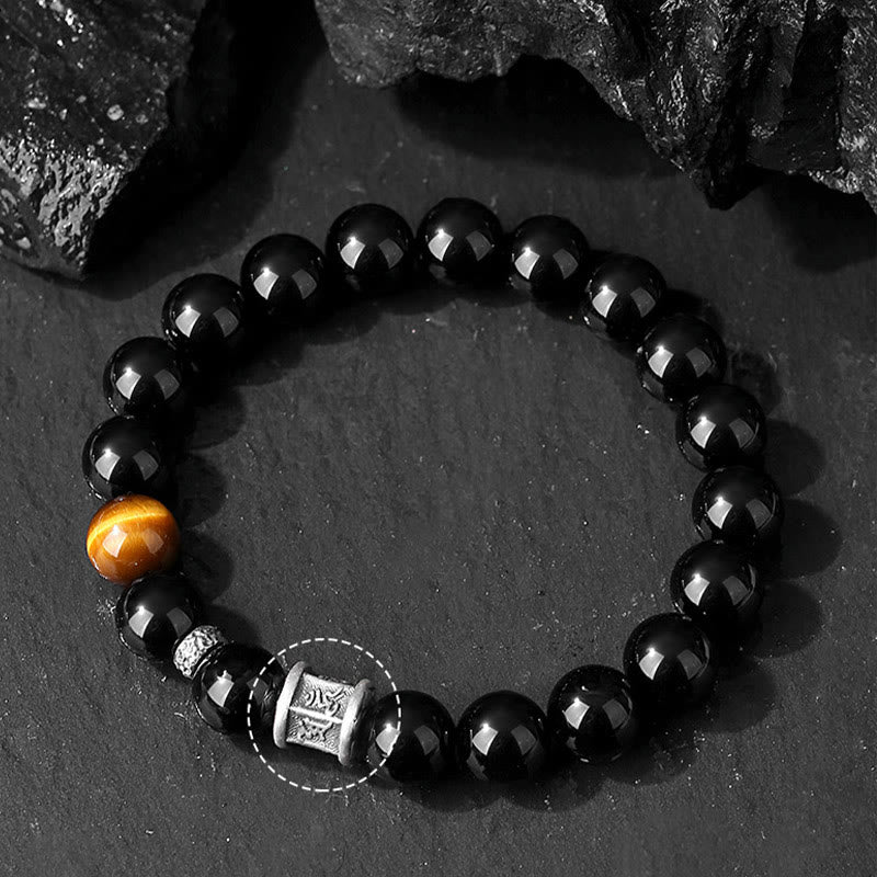 KarmaRipple's 999 Sterling Silver Black Obsidian Tiger Eye Om Mani Padme Hum Fulfillment Bracelet p5