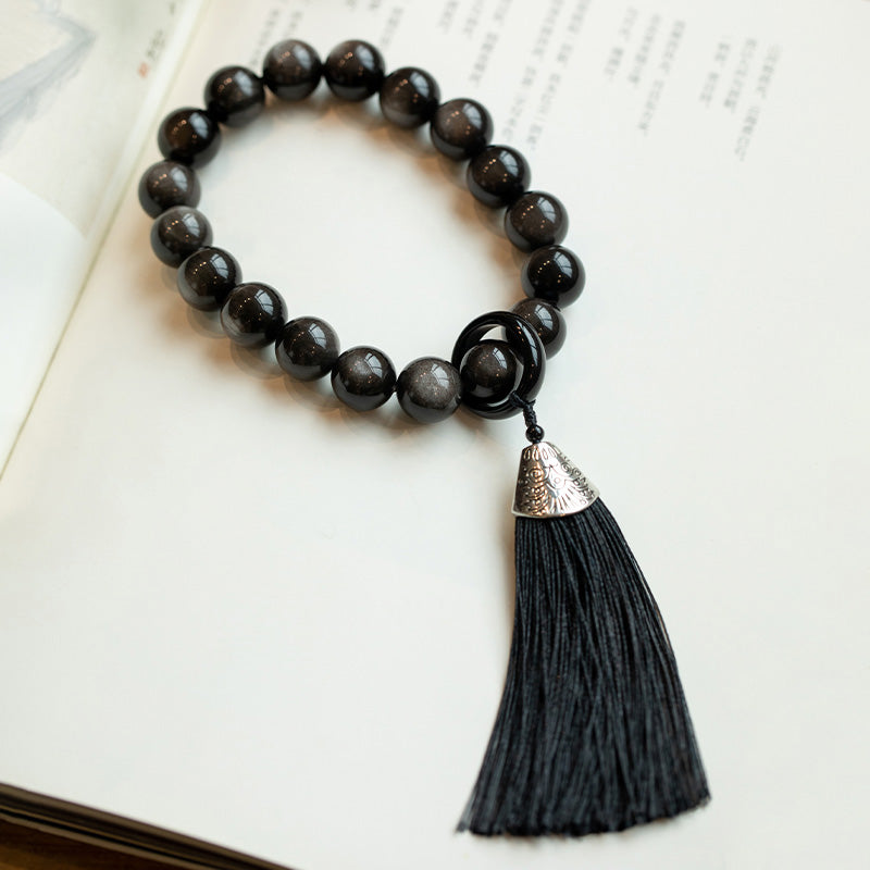KarmaRipple's Authentic Silver Sheen Obsidian Black Obsidian Lion Wrist Mala Protection Tassels Pocket Mala Car Decoration p18