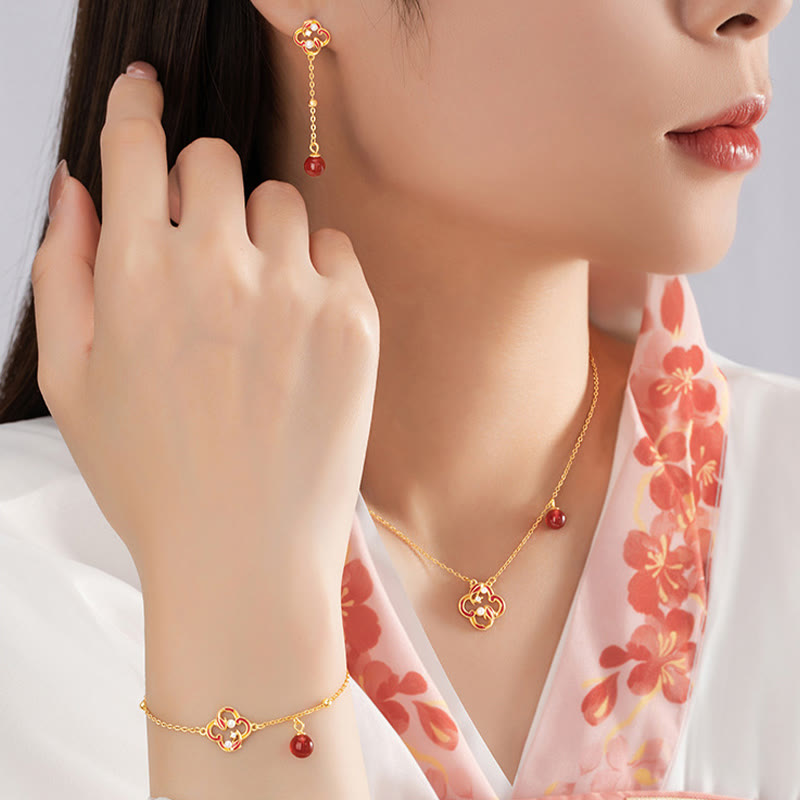 KarmaRipple's 925 Sterling Silver Four Leaf Clover Koi Fish Red Agate Pearl Wealth Bracelet Pendant Necklace Earrings Set p5