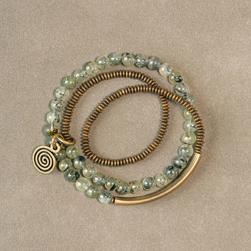 KarmaRipple's Purple Phantom Red Hematoid Quartz Green Rutilated Quartz Bronze Love Forgive Bracelet p38