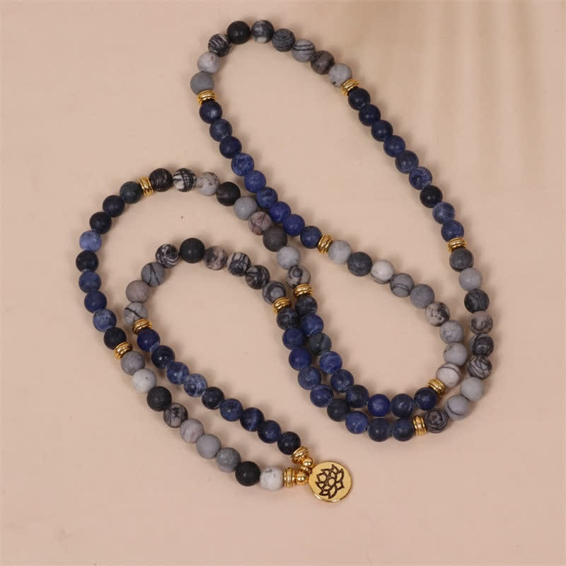 KarmaRipple's 108 Mala Beadwork Sodalite Zebra Jasper Gemstone Lotus Strength Bracelet p4