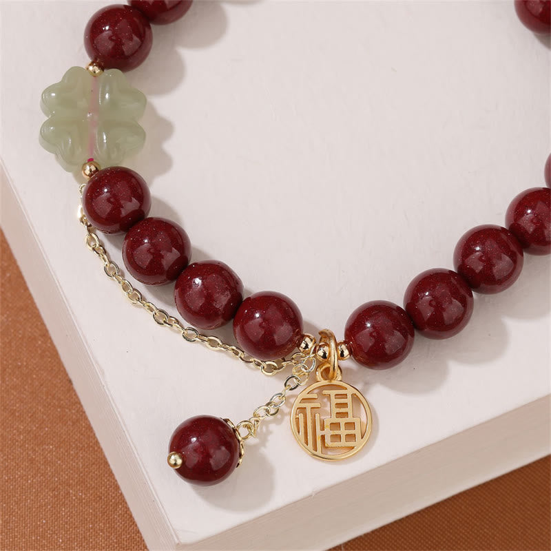 KarmaRipple's Cinnabar Fu Character Hetian Jade Fortunate Four Leaf Clover Blessing Bracelet p5