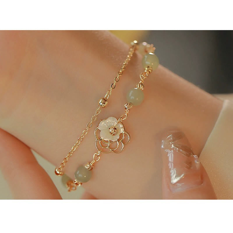 KarmaRipple's 14K Gold Plated Jade Butterfly Tridacna Stone Flower Double Layer Fortune Bracelet p18