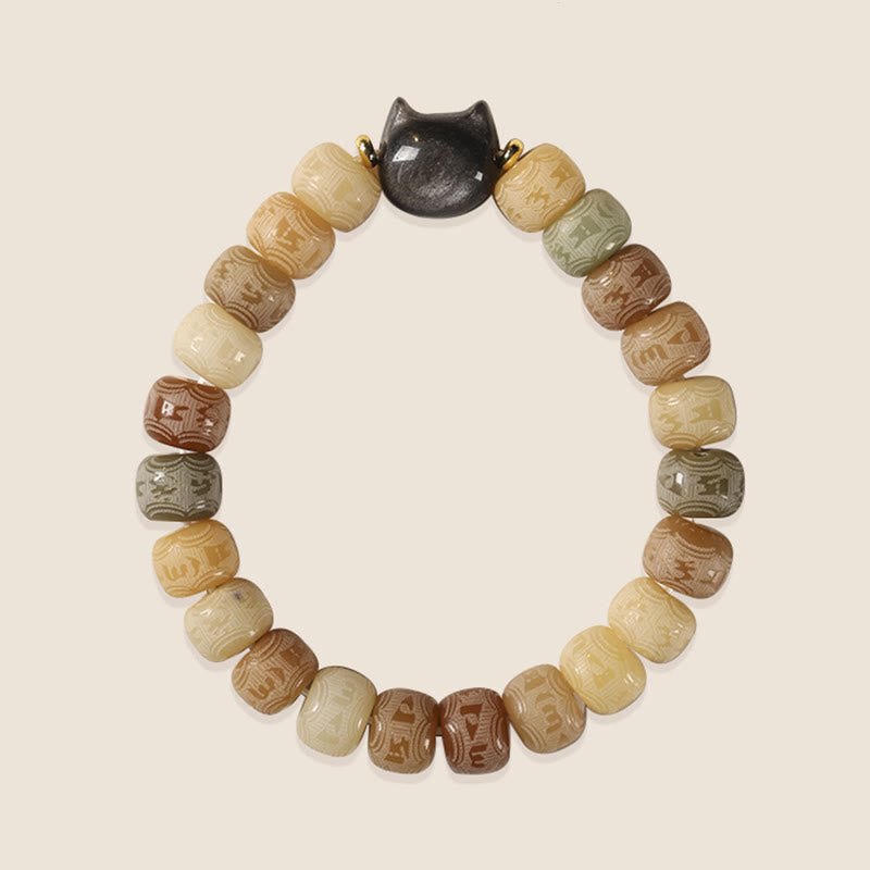 KarmaRipple's Bodhi Seed Silver Sheen Obsidian Cat Head Om Mani Padme Hum Engraved Balance Bracelet p7