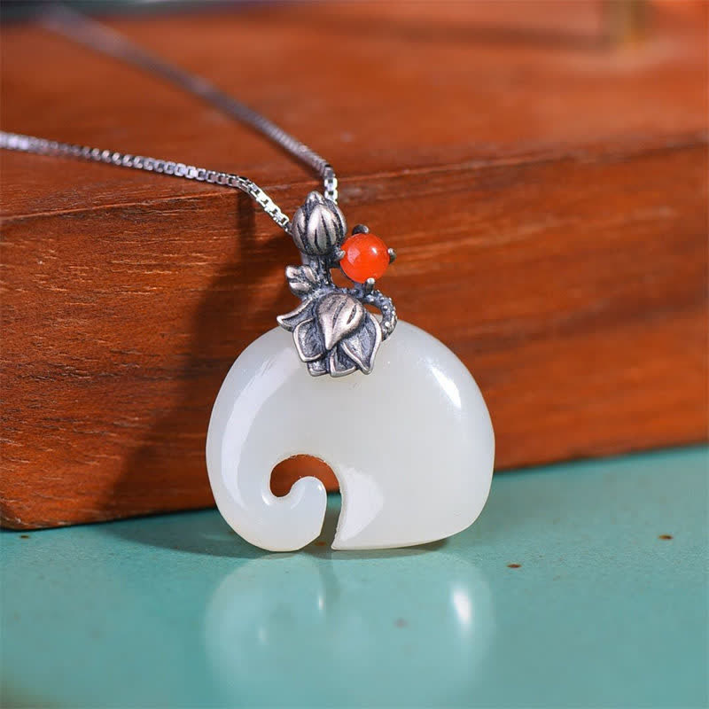 KarmaRipple's Ivory Jade Elephant Lotus Protection Pendant Necklace p10
