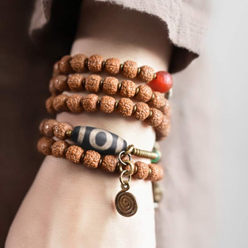 KarmaRipple's 108 Mala Rudraksha Beadwork Bodhi Seed Dzi Bead Fortune Auspiciousness Tassel Bracelet p3