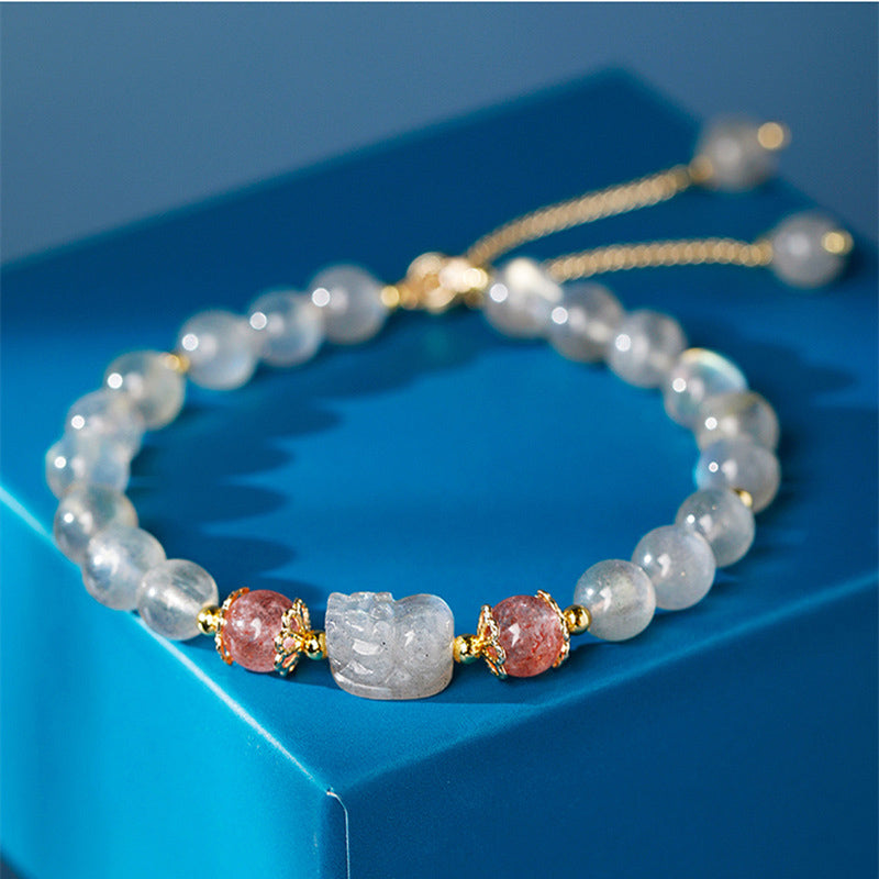 KarmaRipple's Aquamarine Strawberry Quartz Amethyst Moonstone PiXiu Balancing Bracelet p21