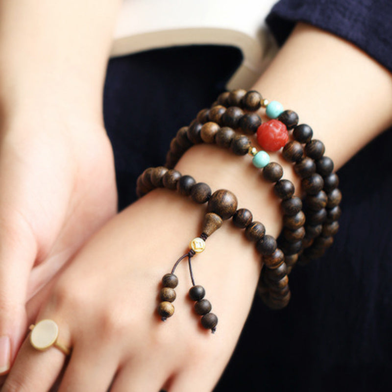 KarmaRipple's 108 Mala Beadwork Agarwood Red Agate Turquoise Peace Meditation Bracelet p4