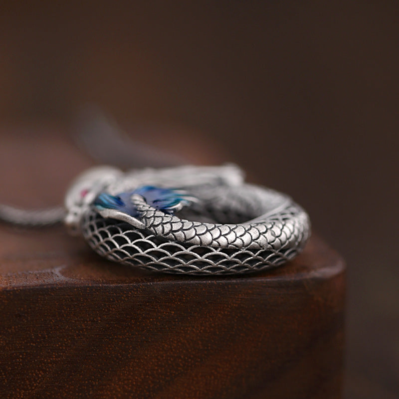 KarmaRipple's 999 Sterling Silver Year Of The Dragon Auspicious Peace Buckle Carved Success Pendant Necklace ( p8