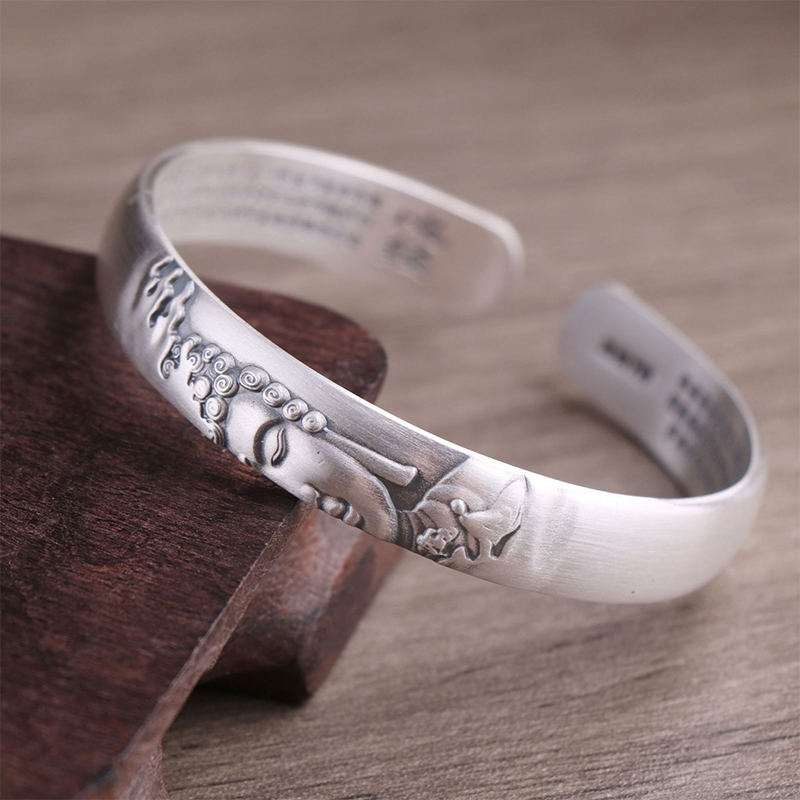 KarmaRipple's 999 Sterling Silver Buddha Head Heart Sutra Serenity Bracelet Bangle p11