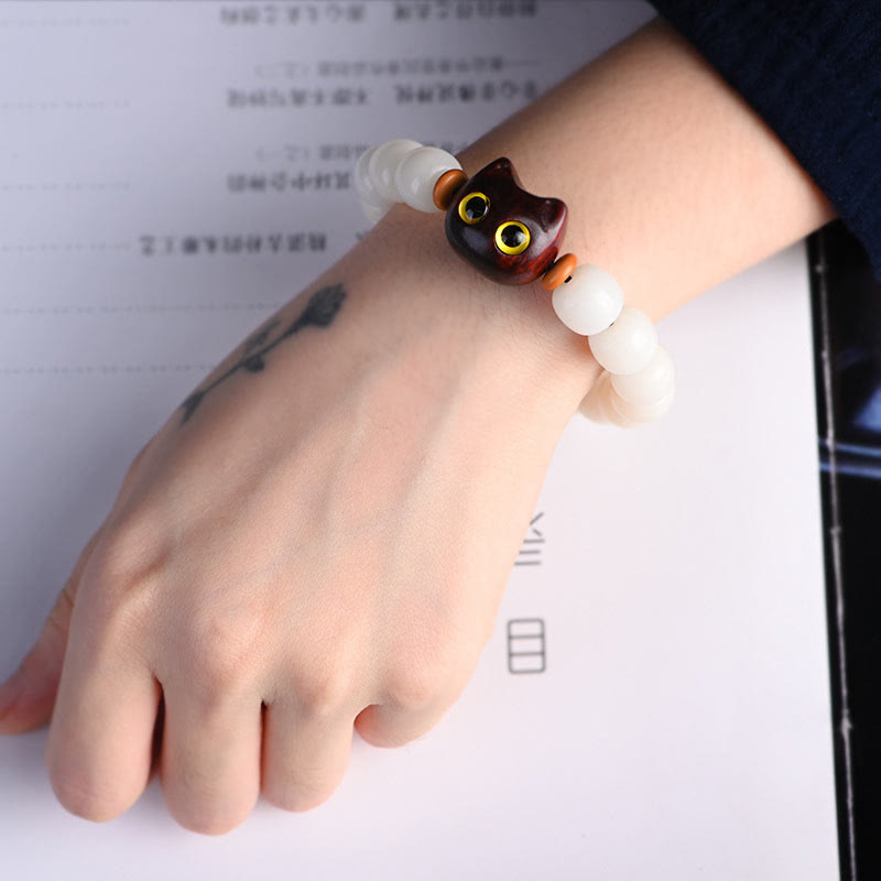 KarmaRipple's Authentic Bodhi Seed Small Leaf Red Sandalwood Ebony Wood Cute Fortunate Cat Wisdom Bracelet p7