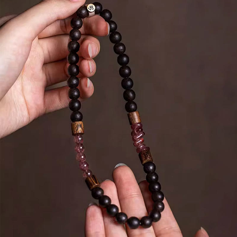 KarmaRipple's 925 Sterling Silver Chinese Zodiac Natal Buddha Agarwood Strawberry Quartz Peace Double Wrap Bracelet p10