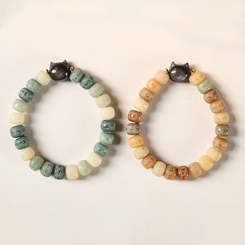 KarmaRipple's Bodhi Seed Silver Sheen Obsidian Cat Head Om Mani Padme Hum Engraved Balance Bracelet p14