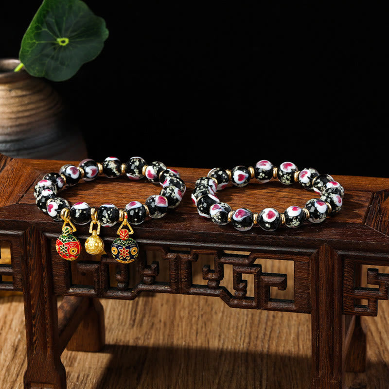 KarmaRipple's Gold Swallowing Beast Family Pink Love Heart Luminous Fluorescent Liuli Glass Bead Bracelet p18