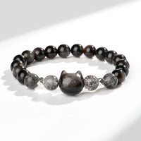 KarmaRipples authentisches, silberglänzendes Obsidian-Armband mit süßem Katzenkopf-Schutz