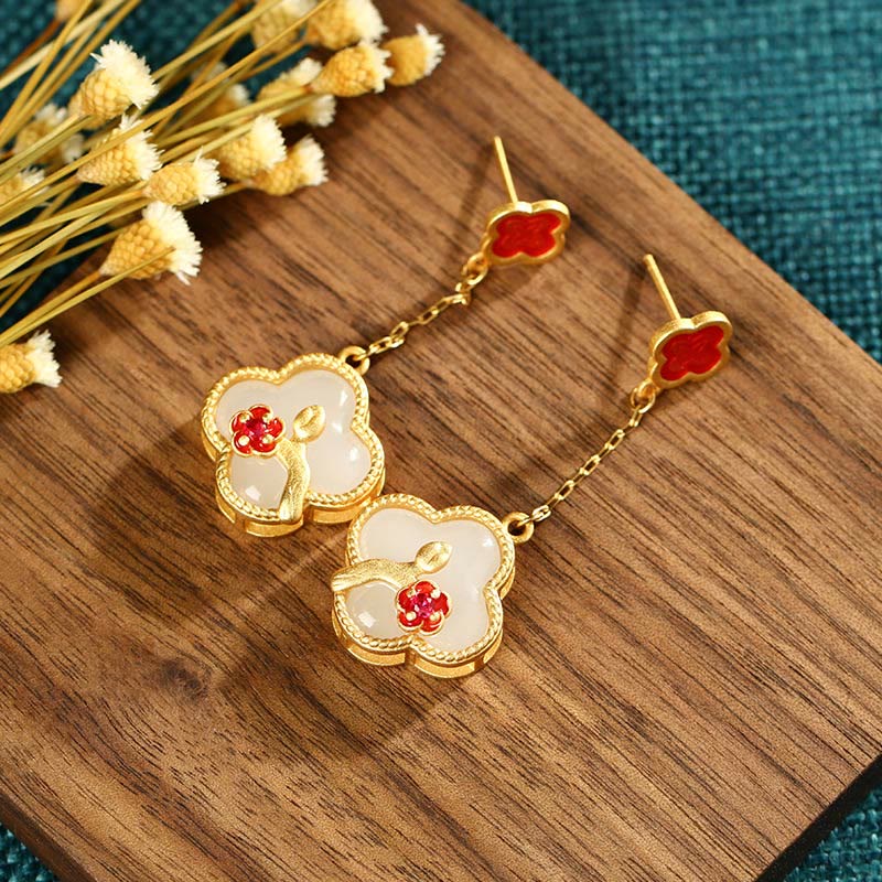 KarmaRipple's 24K Gold Plated Ivory Jade Four Leaf Clover Plum Blossom Fortune Pendant Necklace Earrings p9