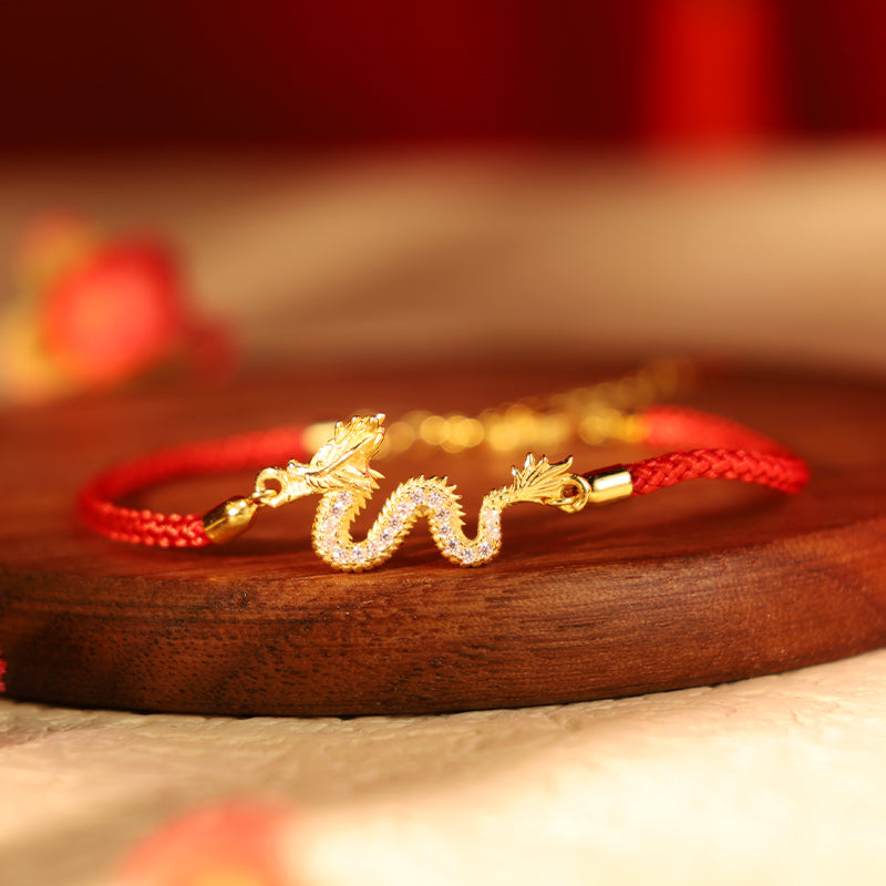 KarmaRipple's 925 Sterling Silver Year Of The Dragon Auspicious Golden Dragon Fortune Red Rope Chain Bracelet ( p22