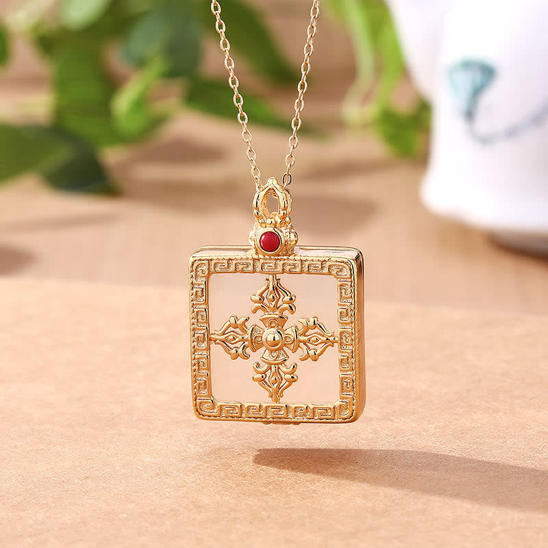 KarmaRipple's 24K Gold Plated Ivory Jade Double Dorje Protection Fortune Pendant Necklace p5
