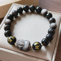 KarmaRipples authentisches, silberglänzendes Obsidian-Schwarzobsidian-Schutzarmband „Om Mani Padme Hum Pixiu“