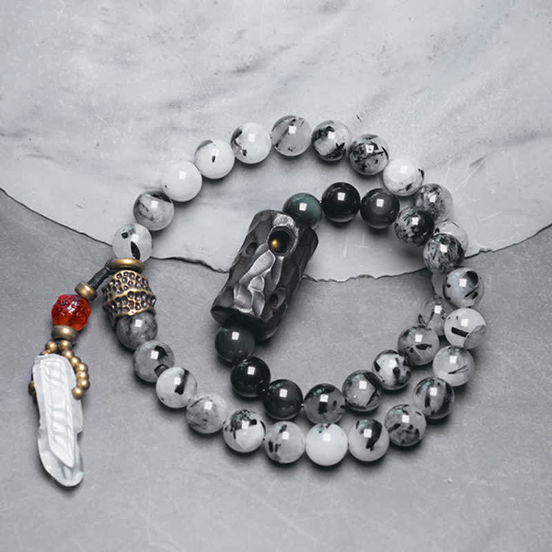 KarmaRipple's Black Rutilated Quartz Ebony Wood Ivory Gemstone Success Pair Bracelet p3