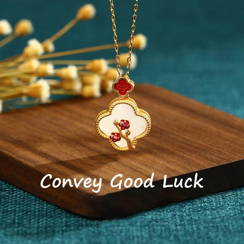 KarmaRipple's 24K Gold Plated Ivory Jade Four Leaf Clover Plum Blossom Fortune Pendant Necklace Earrings p14