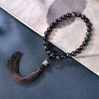 KarmaRipples authentische, silberglänzende Obsidian-Löwen-Handgelenk-Mala, Schutzquasten, Taschen-Mala, Auto-Dekoration