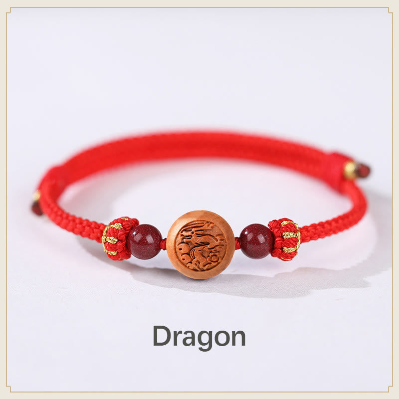 KarmaRipple's Authentic Peach Wood Chinese Zodiac Fu Character Carved Cinnabar Wealth Bracelet p4