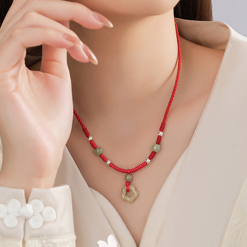 KarmaRipple's 925 Sterling Silver Authentic Hetian Cyan Jade Flower Pentagram Fortune Red Rope Pendant Necklace Bracelet Set p9