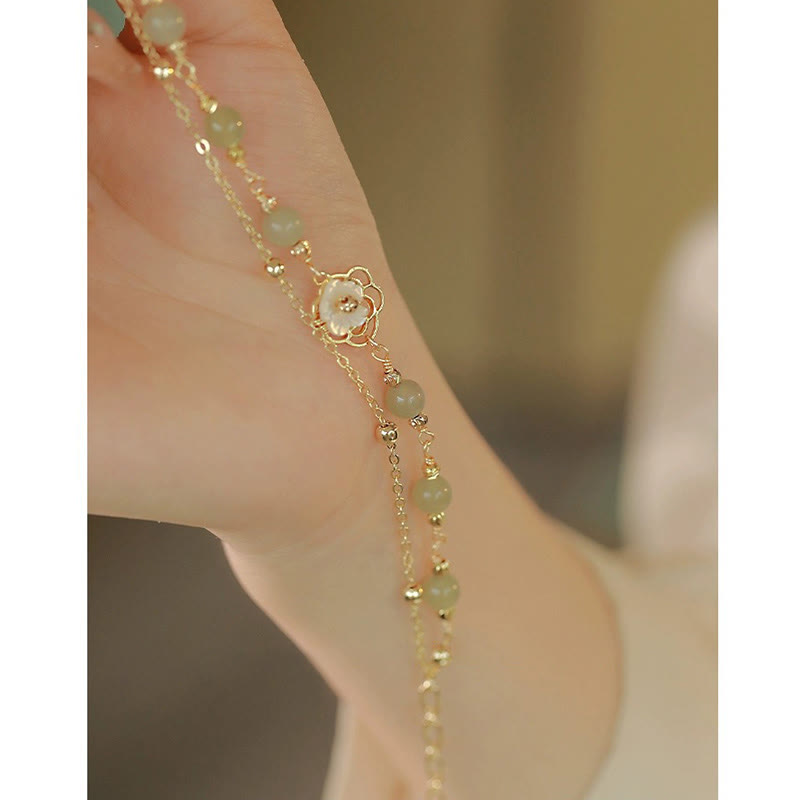 KarmaRipple's 14K Gold Plated Jade Butterfly Tridacna Stone Flower Double Layer Fortune Bracelet p17