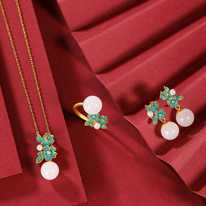 KarmaRipple's Ivory Jade 925 Sterling Silver Pearl Flower Blessing Pendant Necklace Ring Earrings p21