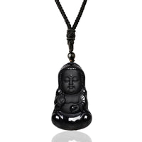 KarmaRipples authentischer schwarzer Obsidian-Edelstein-Buddha-Stärke-Schutz-Amulett-Glücksbringer-Talisman-Halskettenanhänger