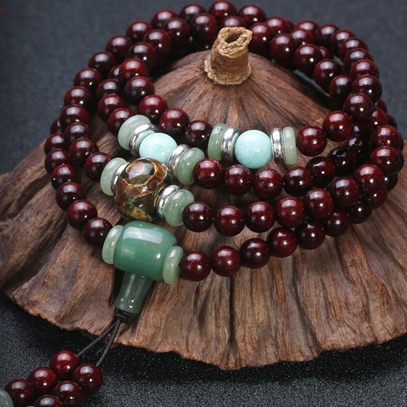 KarmaRipple's 108 Beadwork Small Leaf Red Sandalwood Green Aventurine Amazonite Fortune Balancing Bracelet Mala p1