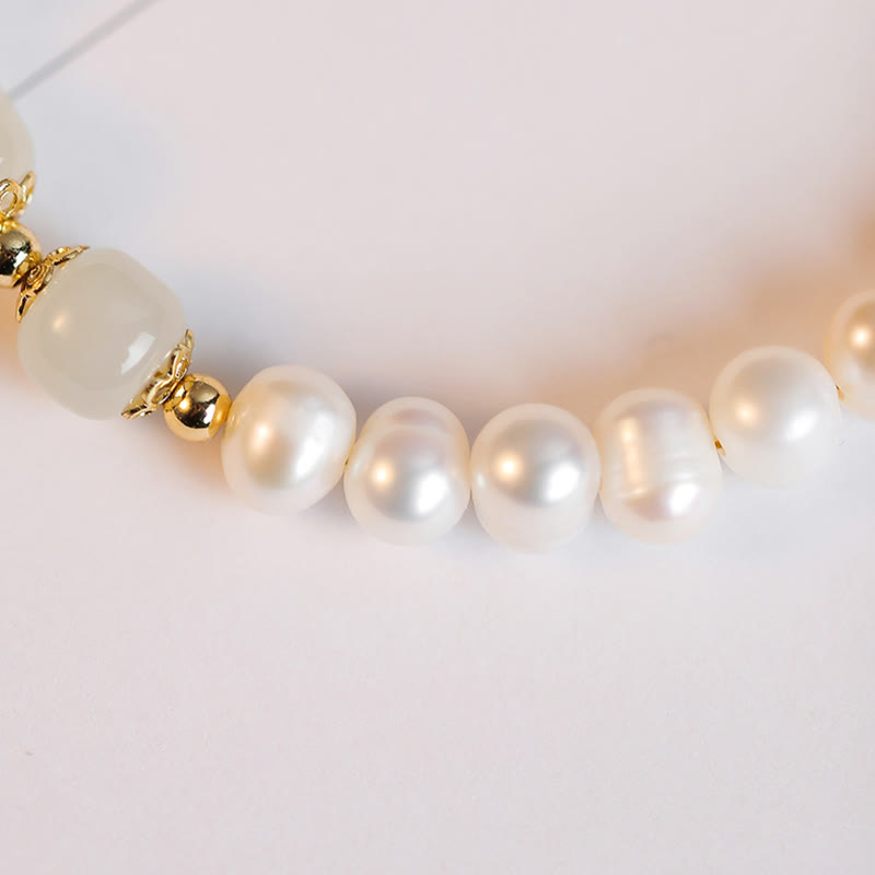 KarmaRipple's 14K Gold Plated Authentic Pearl Hetian Cyan Jade Ivory Jade Sincerity Bead Chain Bracelet p17