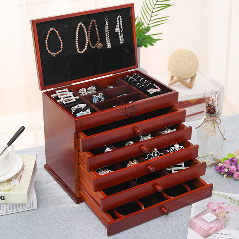 KarmaRipple's Large Capacity Vintage Flowers Carved Wooden Jewelry Box Six-Layer Jewelry Storage Box p1