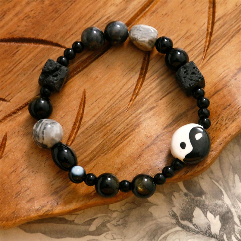 KarmaRipple's Black Onyx Picasso Jasper Bead Yin Yang Fortune Protection Bracelet p3