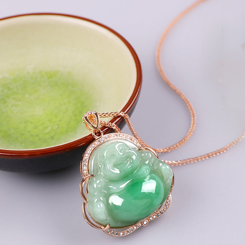 KarmaRipple's 925 Sterling Silver Laughing Buddha Authentic Jade Prosperity Pendant Chain Necklace p3