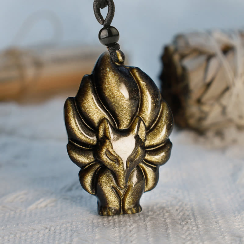 KarmaRipple's Authentic Fluorite Gold Sheen Obsidian Fox Necklace Protection Pendant p2
