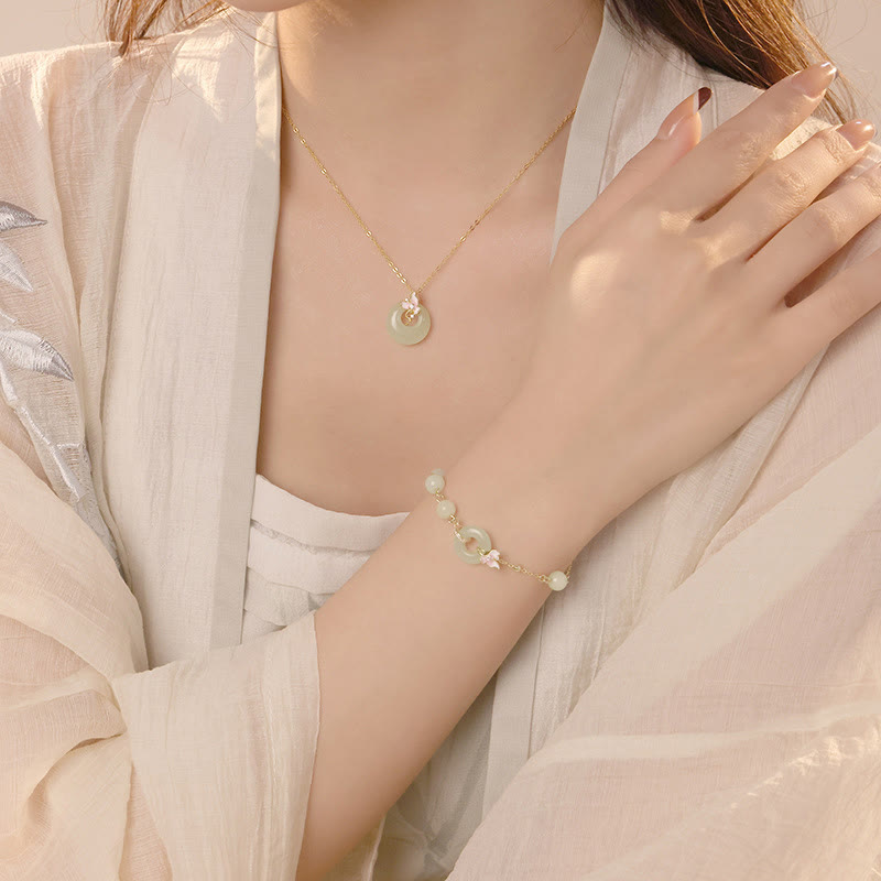 KarmaRipple's 925 Sterling Silver Authentic Hetian Jade Peace Buckle Orchid Fortune Bracelet Pendant Necklace Set p4