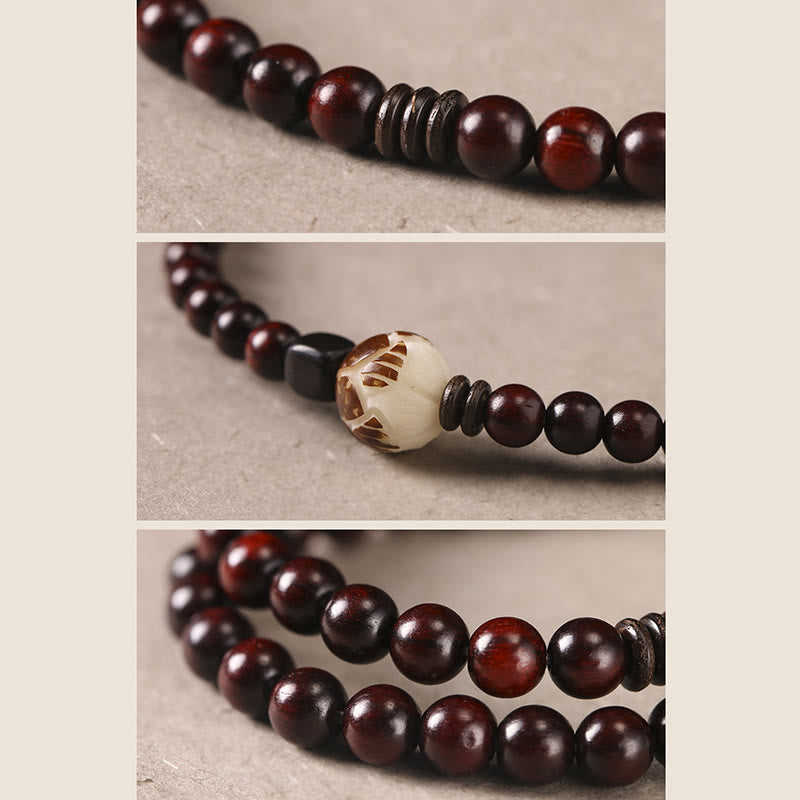 KarmaRipple's Small Leaf Red Sandalwood Lotus Bodhi Seed Carved Protection Double Wrap Bracelet p6