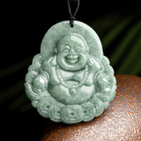 KarmaRipples Halskette mit Anhänger „Lachender Buddha“ aus authentischer Jade-Bronze und Münze im Überfluss