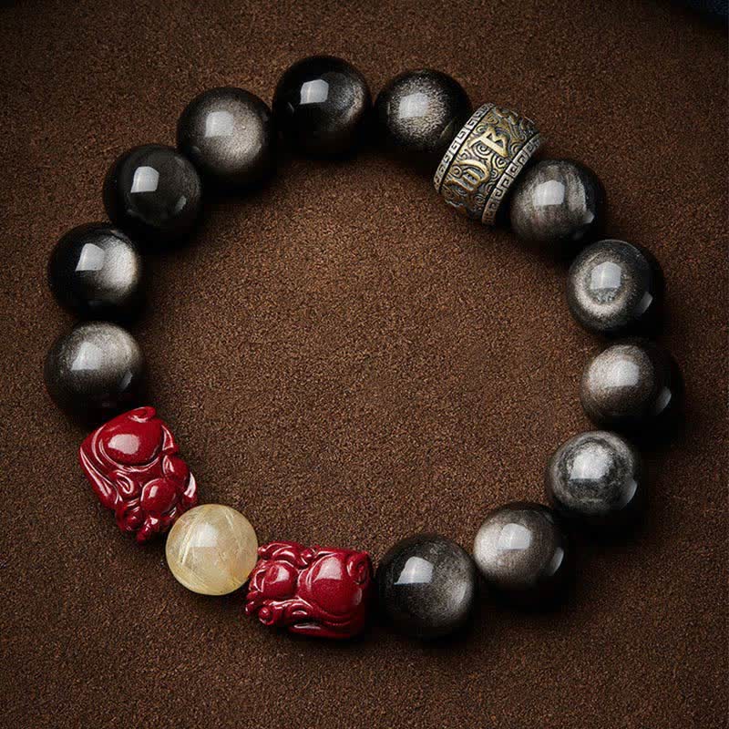 KarmaRipple's Gold Sheen Obsidian PiXiu Cinnabar Om Mani Padme Hum Protection Bracelet p11