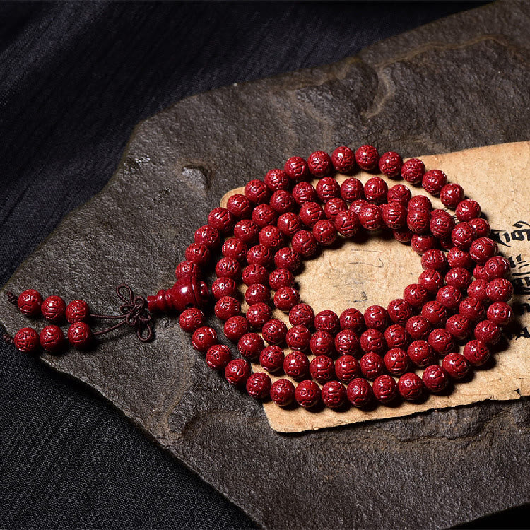 KarmaRipple's 108 Mala Beadwork Cinnabar Om Mani Padme Hum Pattern Engraved Blessing Bracelet p14